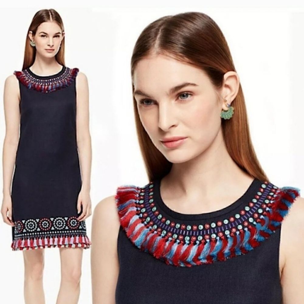 Kate Spade Navy Fringe Tassels Rhinestones Silver Studs Dress Sleeveless Sz 2